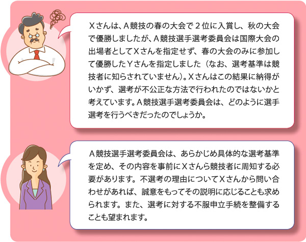 Ｘさんは、Ａ競技の春の大会で２位に入賞し、秋の大会で優勝しましたが、Ａ競技選手選考委員会は国際大会の出場者としてＸさんを指定せず、春の大会のみに参加して優勝したＹさんを指定しました（なお、選考基準は競技者に知らされていません）。Ｘさんはこの結果に納得がいかず、選考が不公正な方法で行われたのではないかと考えています。Ａ競技選手選考委員会は、どのように選手選考を行うべきだったのでしょうか。
Ａ競技選手選考委員会は、あらかじめ具体的な選考基準を定め、その内容を事前にＸさんら競技者に周知する必要があります。不選考の理由についてＸさんから問い合わせがあれば、誠意をもってその説明に応じることも求められます。また、選考に対する不服申立手続を整備することも望まれます。