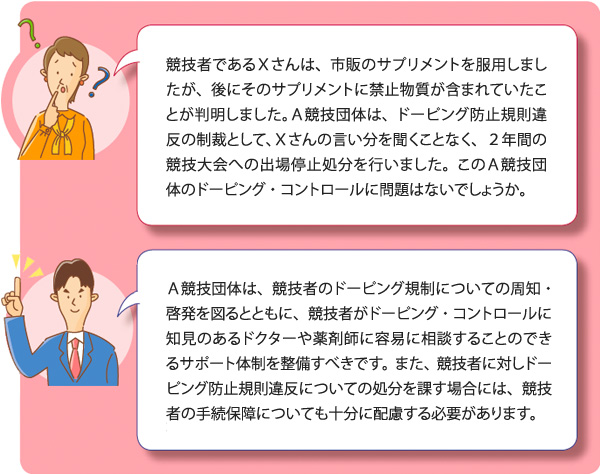 競技者であるＸさんは、市販のサプリメントを服用しましたが、後にそのサプリメントに禁止物質が含まれていたことが判明しました。Ａ競技団体は、ドーピング防止規則違反の制裁として、Ｘさんの言い分を聞くことなく、２年間の競技大会への出場停止処分を行いました。このＡ競技団体のドーピング・コントロールに問題はないでしょうか。
Ａ競技団体は、競技者のドーピング規制についての周知・啓発を図るとともに、競技者がドーピング・コントロールに知見のあるドクターや薬剤師に容易に相談することのできるサポート体制を整備すべきです。また、競技者に対しドーピング防止規則違反についての処分を課す場合には、競技者の手続保障についても十分に配慮する必要があります。