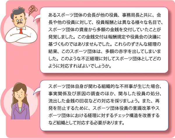 あるスポーツ団体の会長が他の役員、事務局長と共に、会長や他の役員に対して、役員報酬とは異なる様々な名目で、スポーツ団体の資産から多額の金銭を交付していたことが発覚しました。この金銭交付は報酬規定や役員会の決議に基づくものではありませんでした。これらのずさんな経理の結果、このスポーツ団体は、多額の赤字を出してしまいました。このような不正経理に対してスポーツ団体としてどのように対応すればよいでしょうか。
スポーツ団体自身が関わる組織的な不祥事が生じた場合、事実関係及び原因の調査のほか、関与した役員の処分、流出した金銭の回収などの対応を採りましょう。また、再発を防止するために、スポーツ団体役員の意識改革やスポーツ団体における経理に対するチェック構造を改善するなど組織として対応する必要があります。